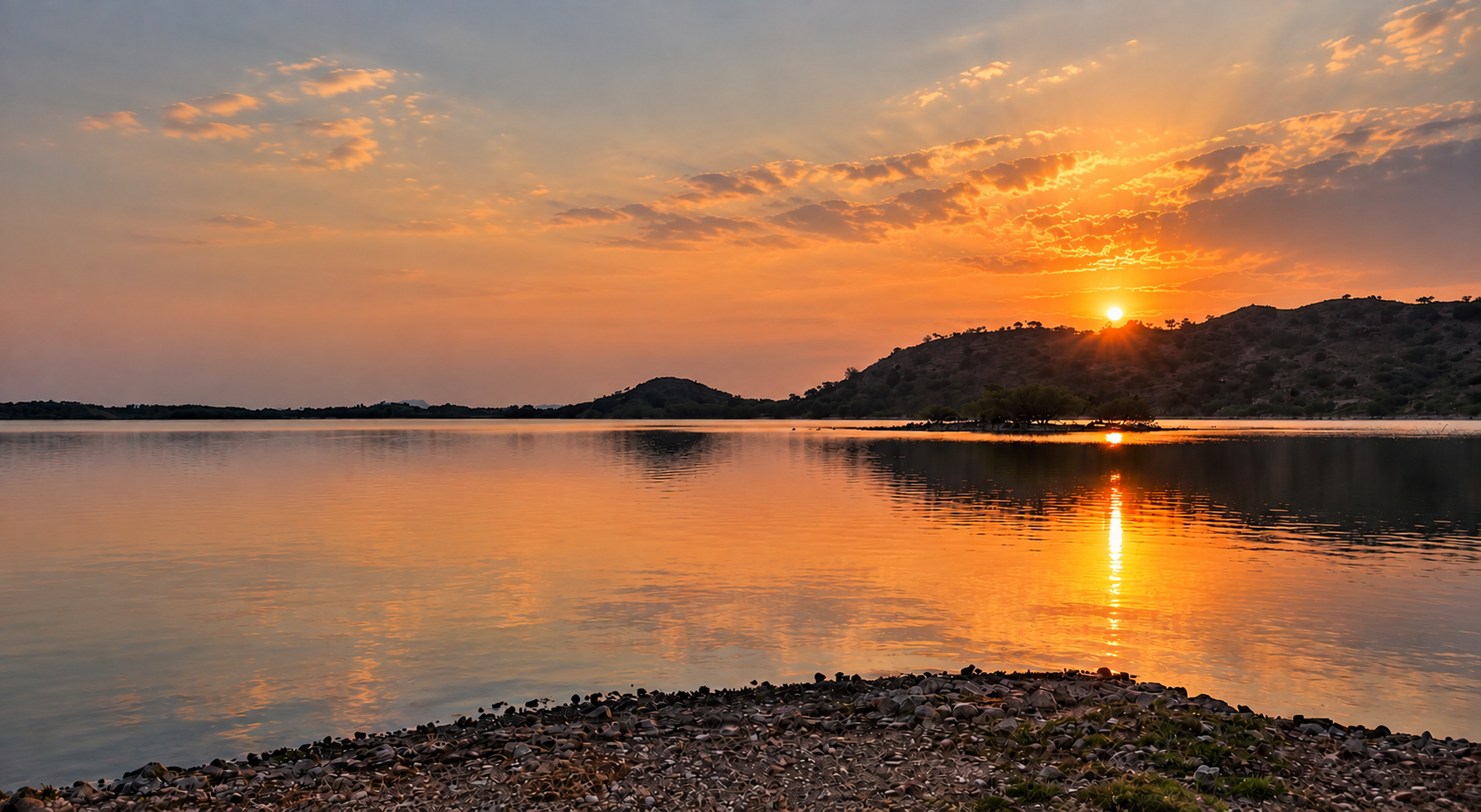 Pebble bank and islands at Sihor Lake water reservoir